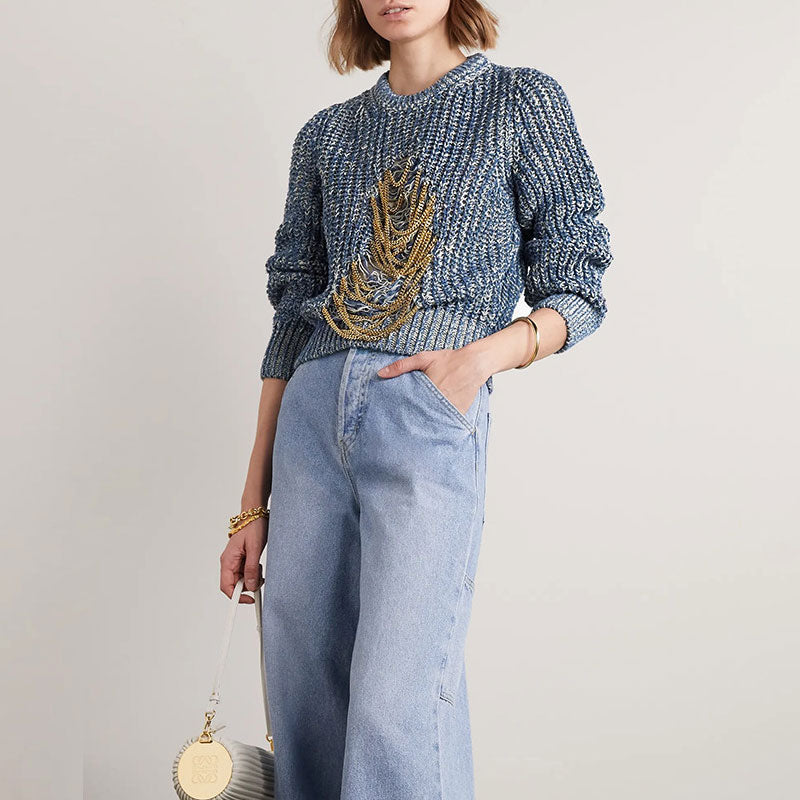 Chic Metal Chain Embellished Distressed Front Marled Knit Pullover Sweater - Blue - Image 3