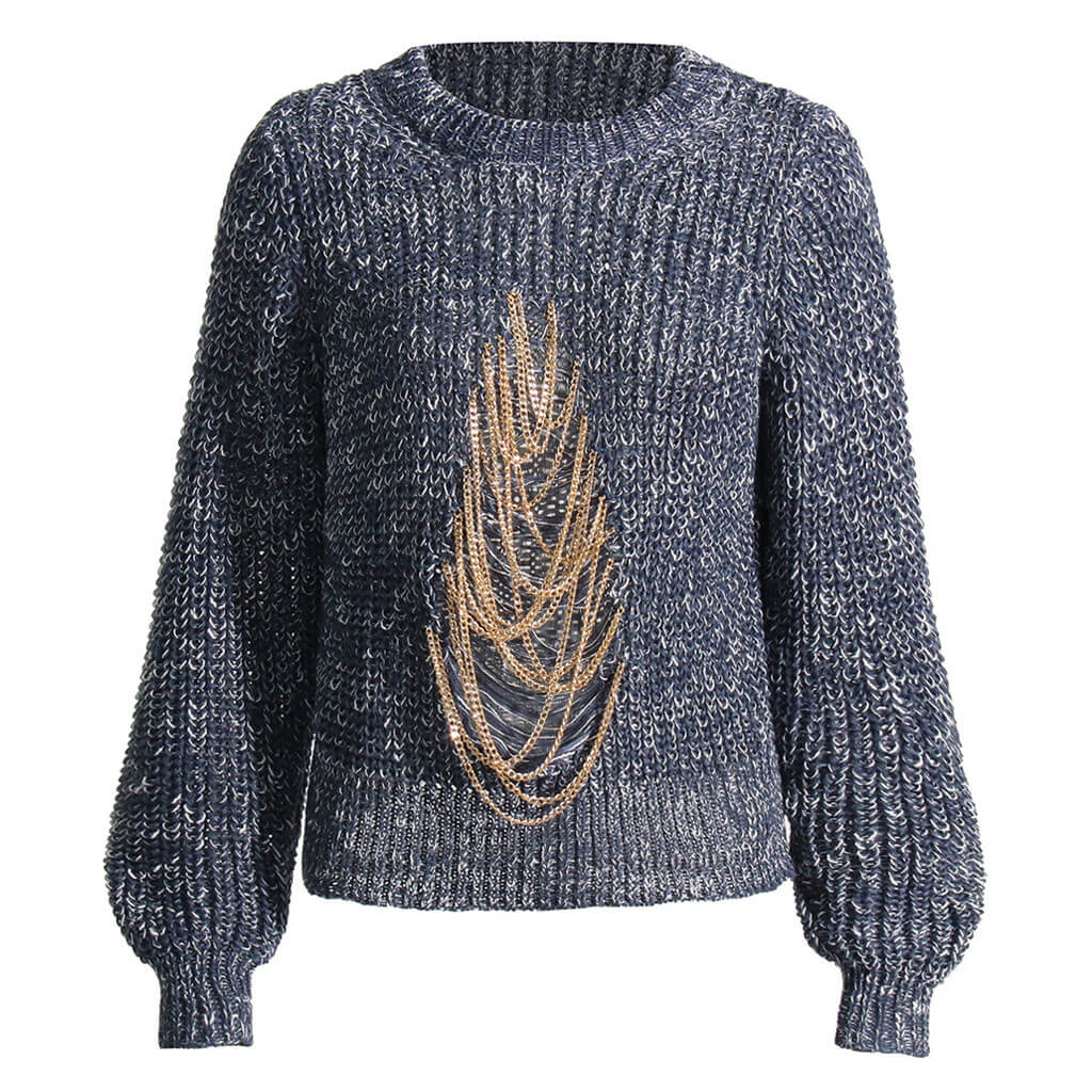 Chic Metal Chain Embellished Distressed Front Marled Knit Pullover Sweater - Blue - Image 4