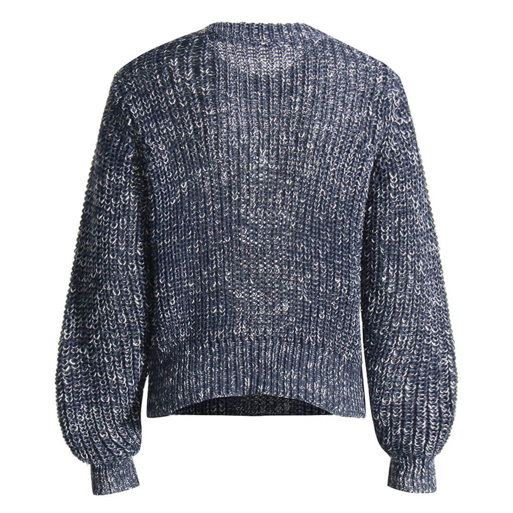 Chic Metal Chain Embellished Distressed Front Marled Knit Pullover Sweater - Blue - Image 5