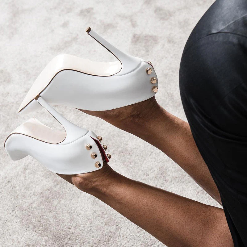 Chic Metal Hardware Faux Leather Pointed Toe Stiletto Pumps - White - Image 2