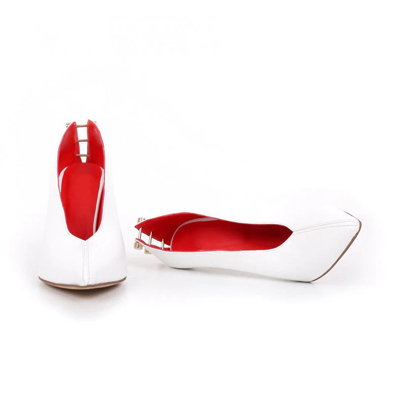 Chic Metal Hardware Faux Leather Pointed Toe Stiletto Pumps - White - Image 4