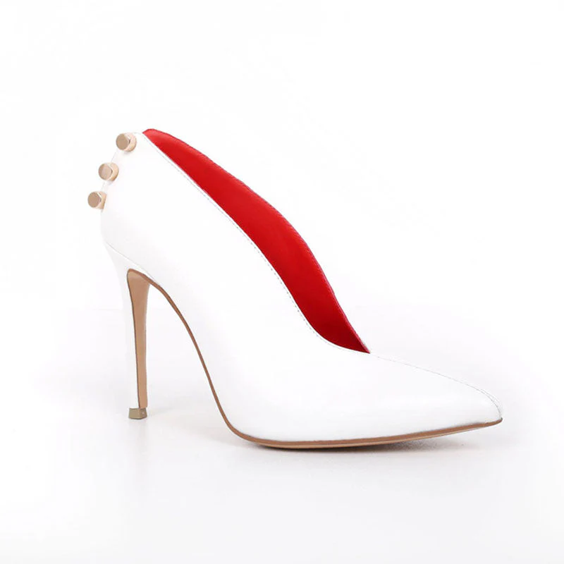 Chic Metal Hardware Faux Leather Pointed Toe Stiletto Pumps - White - Image 6