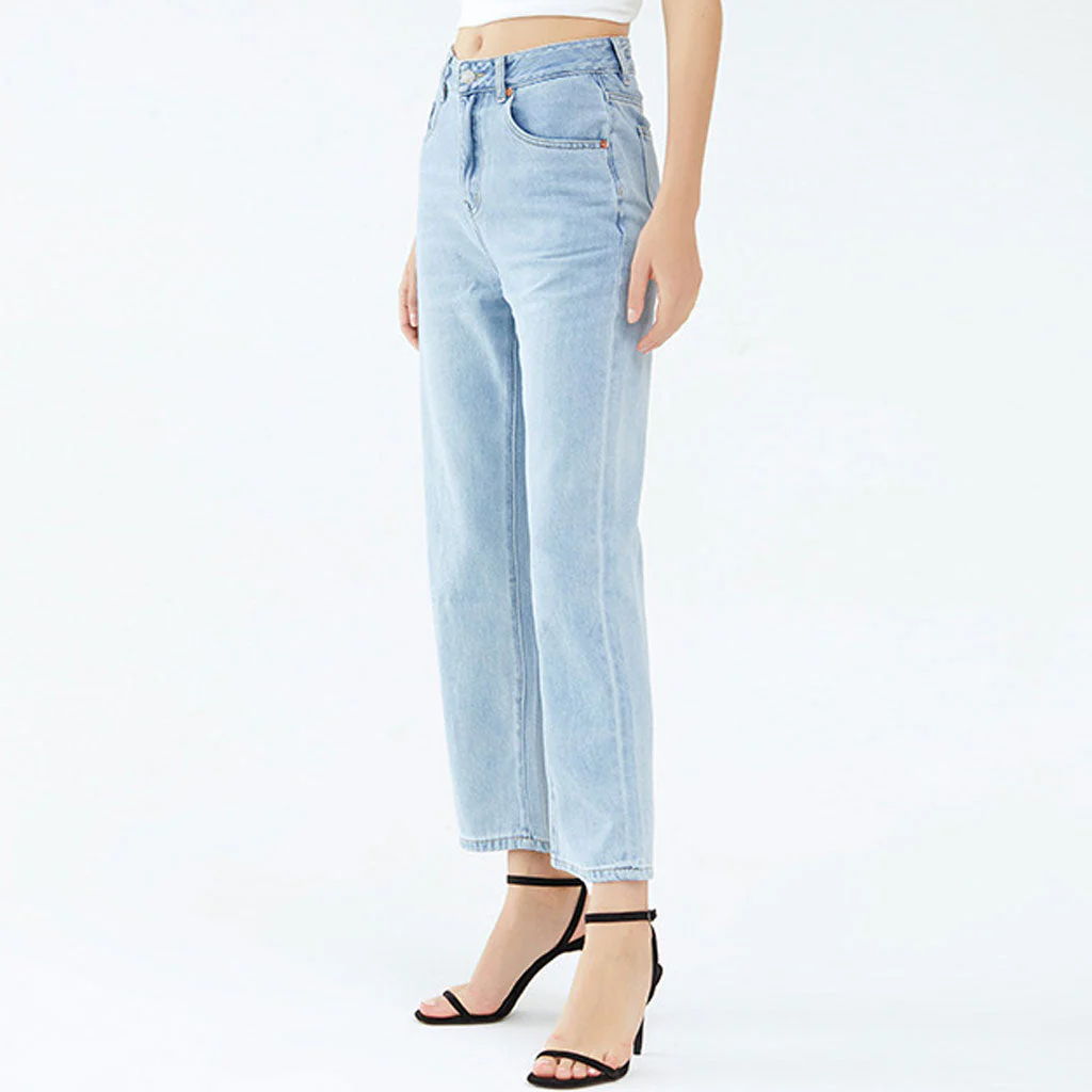 Chic Mid Waist Ankle Length Faded Wide Leg Jeans - Light Blue - Image 3