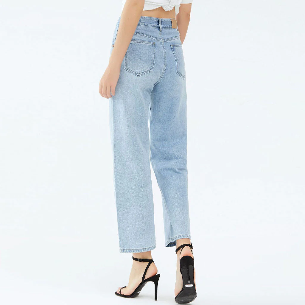 Chic Mid Waist Ankle Length Faded Wide Leg Jeans - Light Blue - Image 4