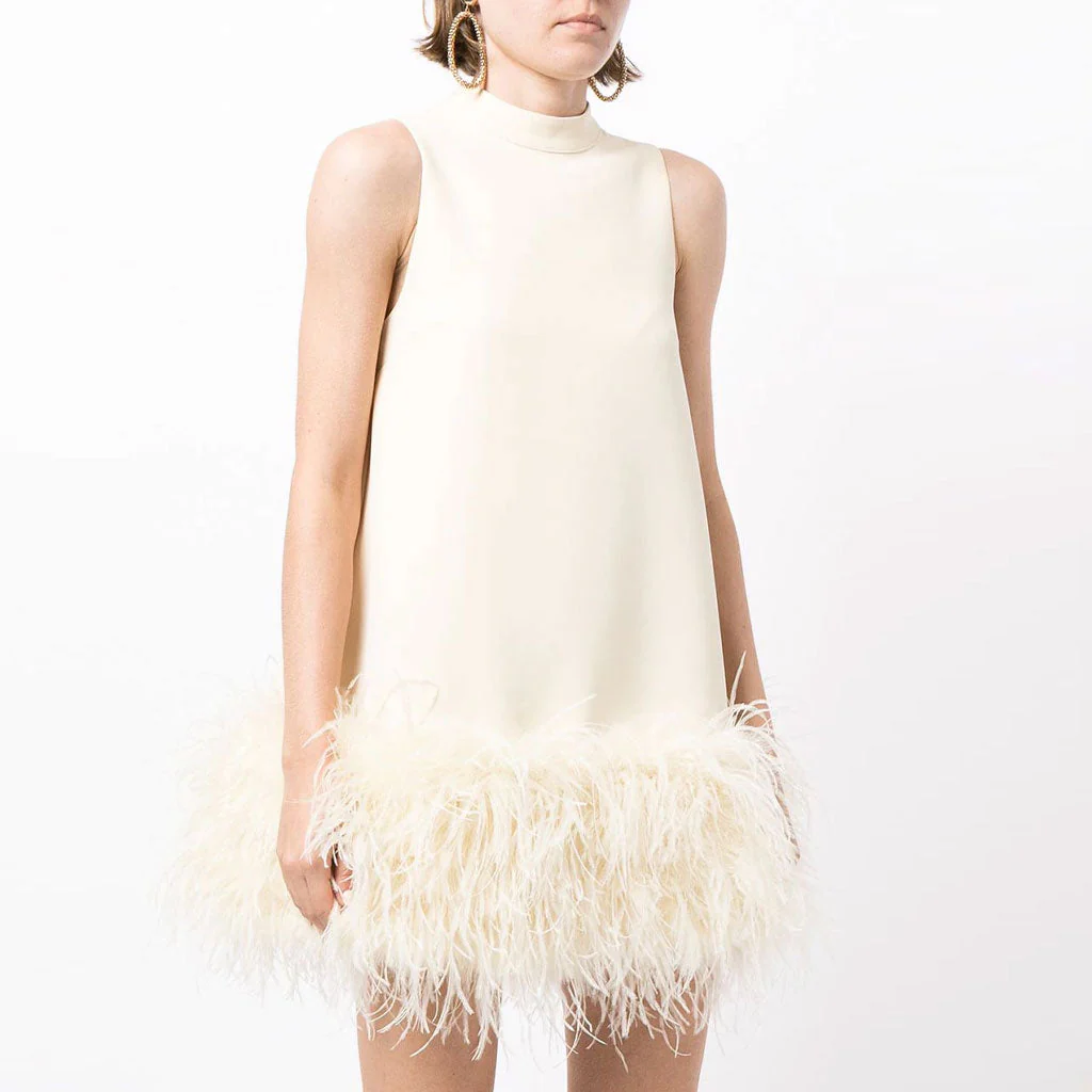 Chic Mock Neck A Line Feather Trim Sleeveless Mini Dress - White - Image 2