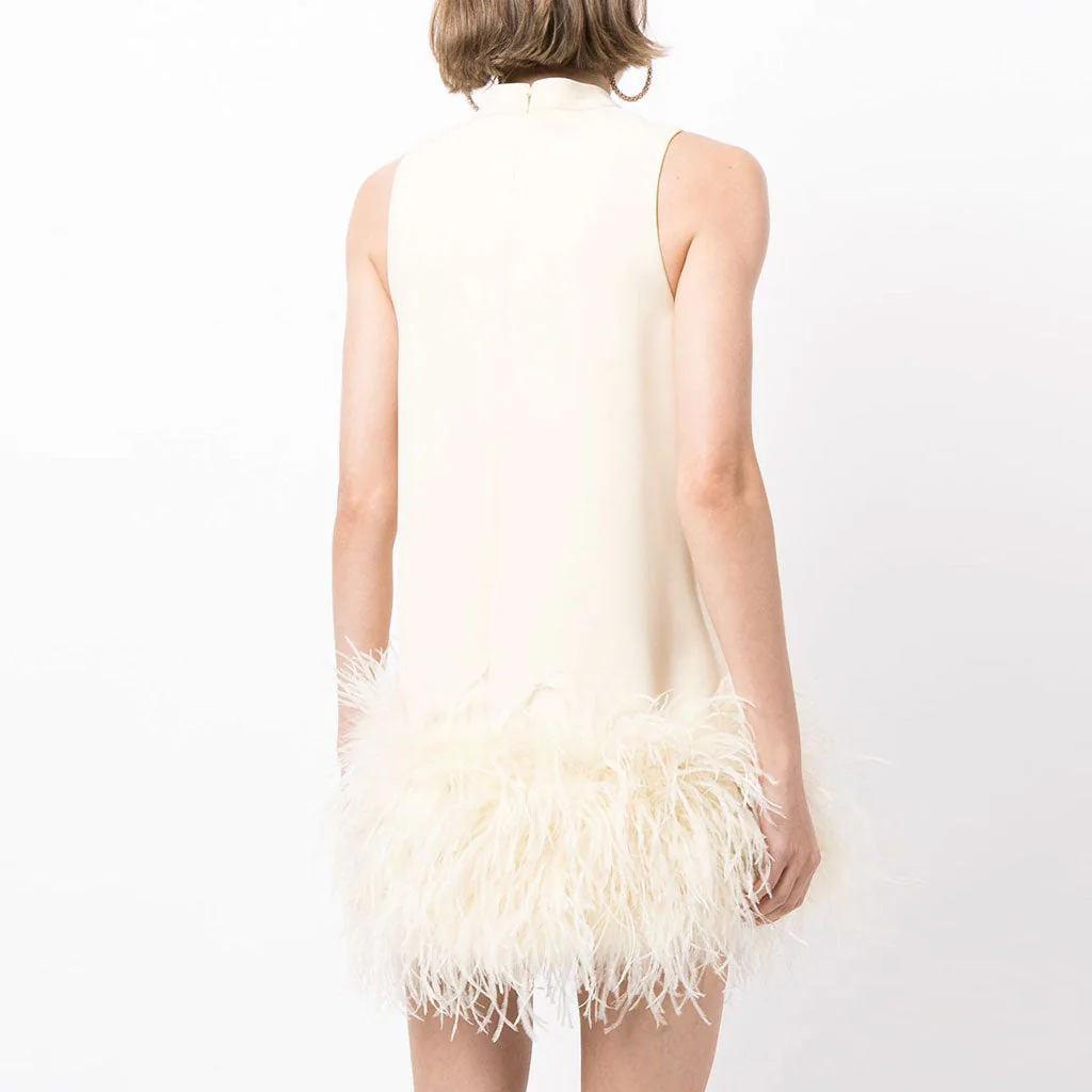 Chic Mock Neck A Line Feather Trim Sleeveless Mini Dress - White - Image 3
