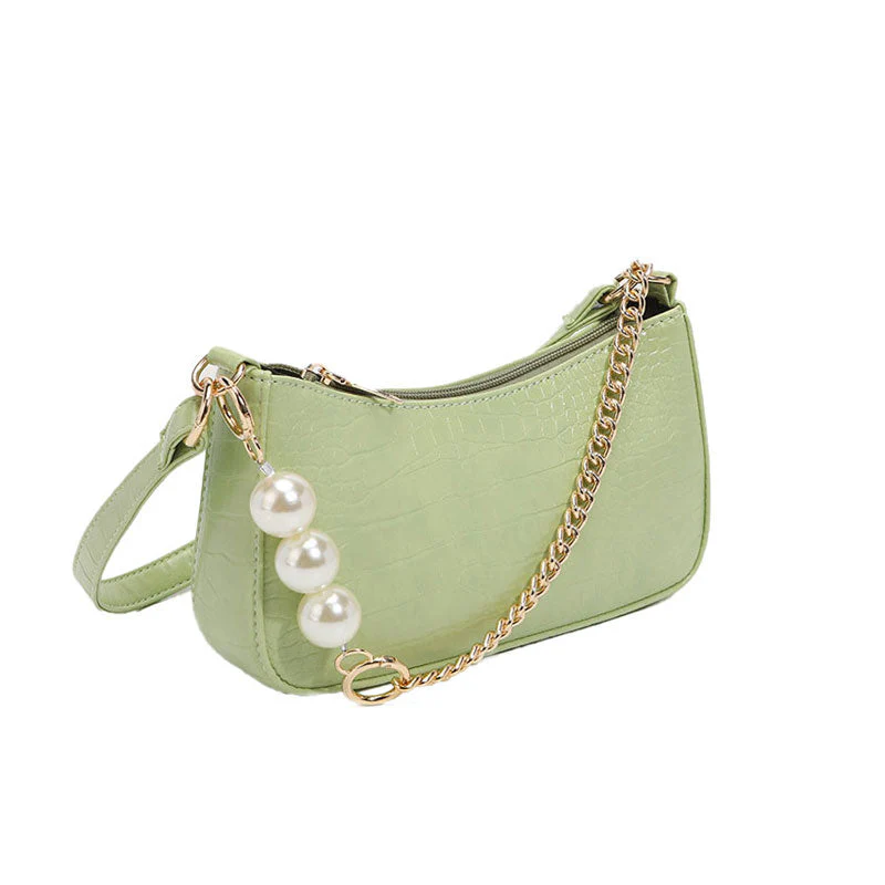 Chic Pearl Chunky Chain Croco Embossed Baguette Bag - Sage Green - Image 2