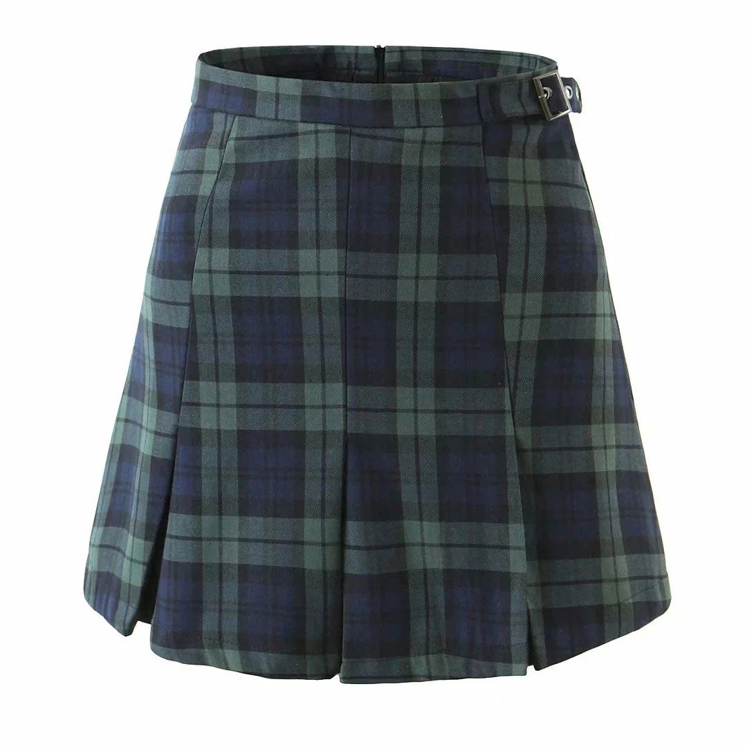 Chic Plaid Print High Waist Buckle Pleated Mini Skirt - Emerald Green - Image 2