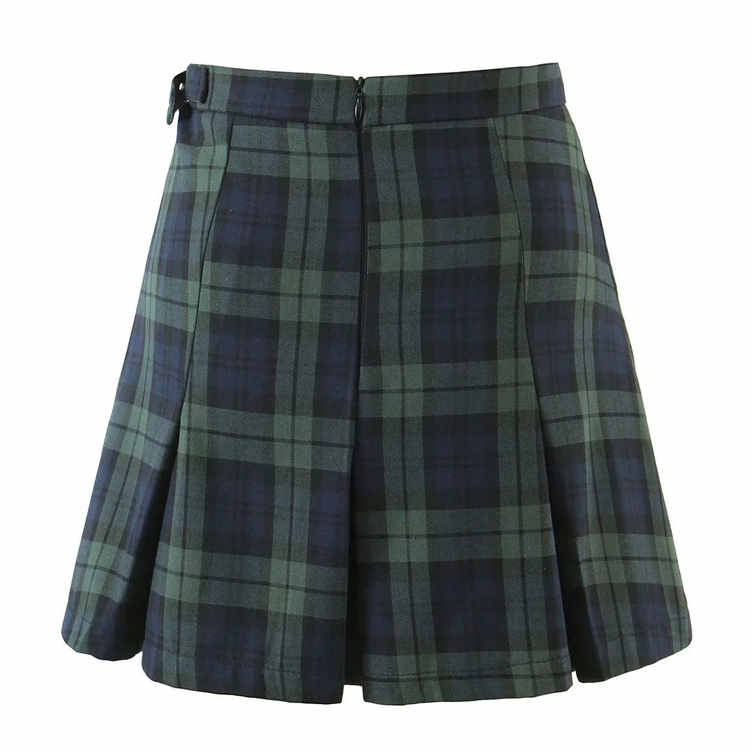 Chic Plaid Print High Waist Buckle Pleated Mini Skirt - Emerald Green - Image 3