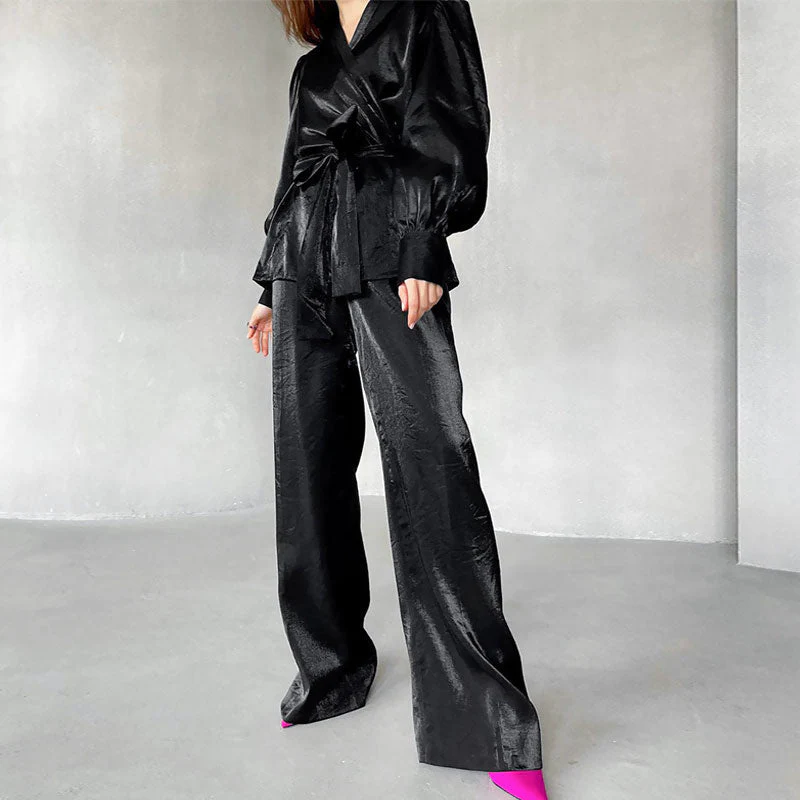 Chic Puff Sleeve Wrap Blouse High Waist Wide Leg Pants Matching Set - Black - Image 2