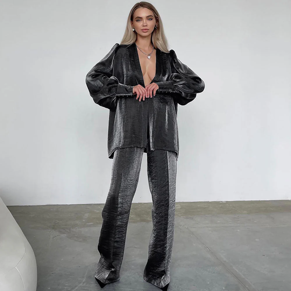 Chic Puff Sleeve Wrap Blouse High Waist Wide Leg Pants Matching Set - Gray - Image 2