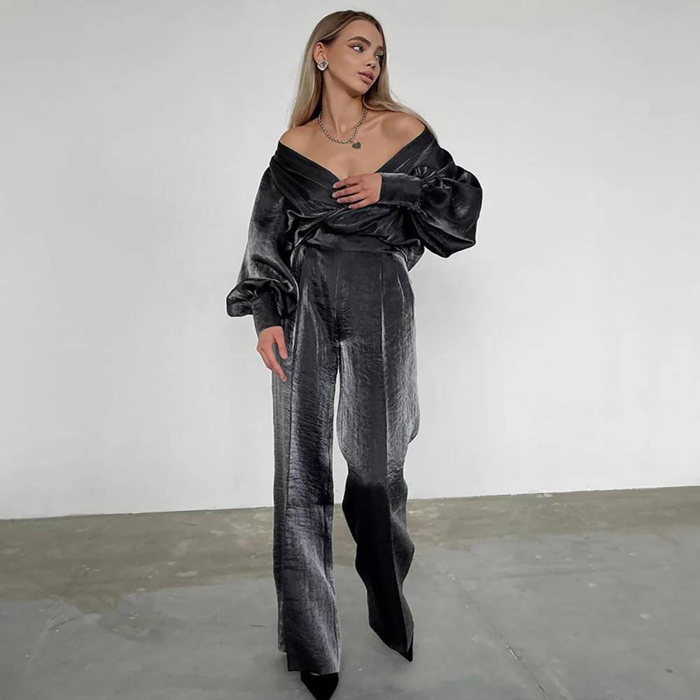 Chic Puff Sleeve Wrap Blouse High Waist Wide Leg Pants Matching Set - Gray - Image 3