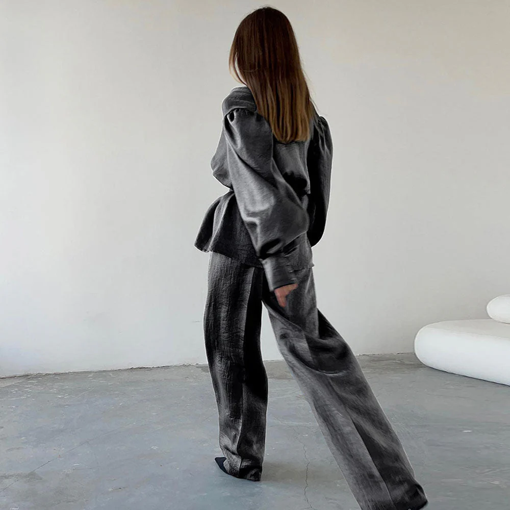 Chic Puff Sleeve Wrap Blouse High Waist Wide Leg Pants Matching Set - Gray - Image 4