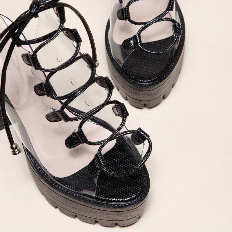 Chic PVC Lace Up Peep Toe Lug Sole Chunky High Heel Platform Boots - Black - Image 3