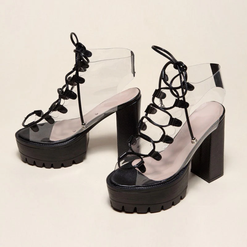 Chic PVC Lace Up Peep Toe Lug Sole Chunky High Heel Platform Boots - Black - Image 4