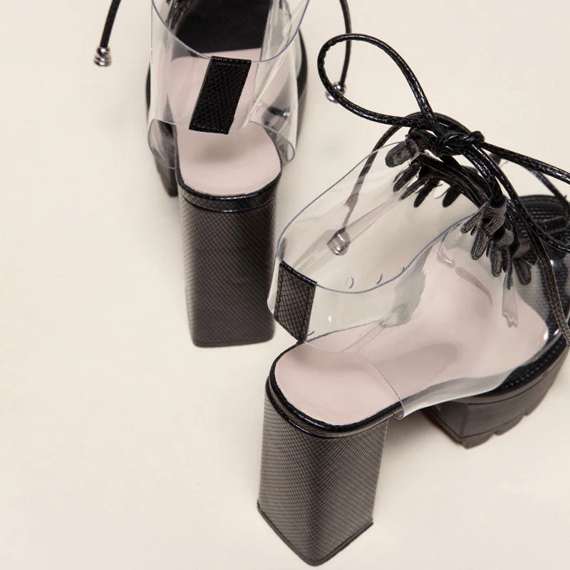 Chic PVC Lace Up Peep Toe Lug Sole Chunky High Heel Platform Boots - Black - Image 5