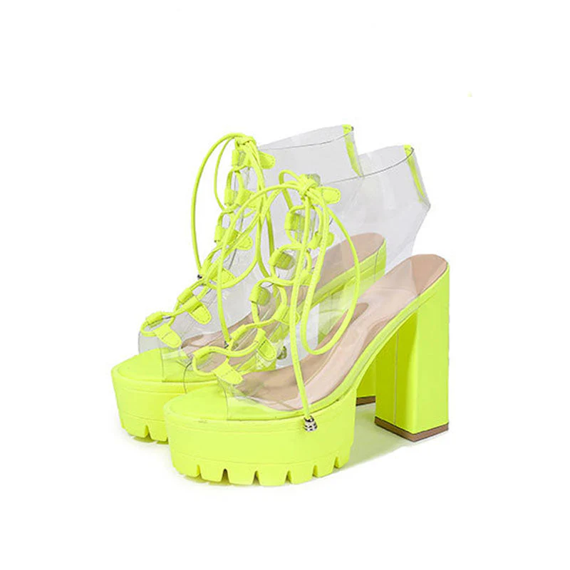 Chic PVC Lace Up Peep Toe Lug Sole Chunky High Heel Platform Boots - Green - Image 3
