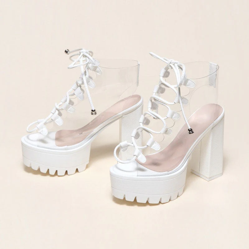 Chic PVC Lace Up Peep Toe Lug Sole Chunky High Heel Platform Boots - White - Image 2