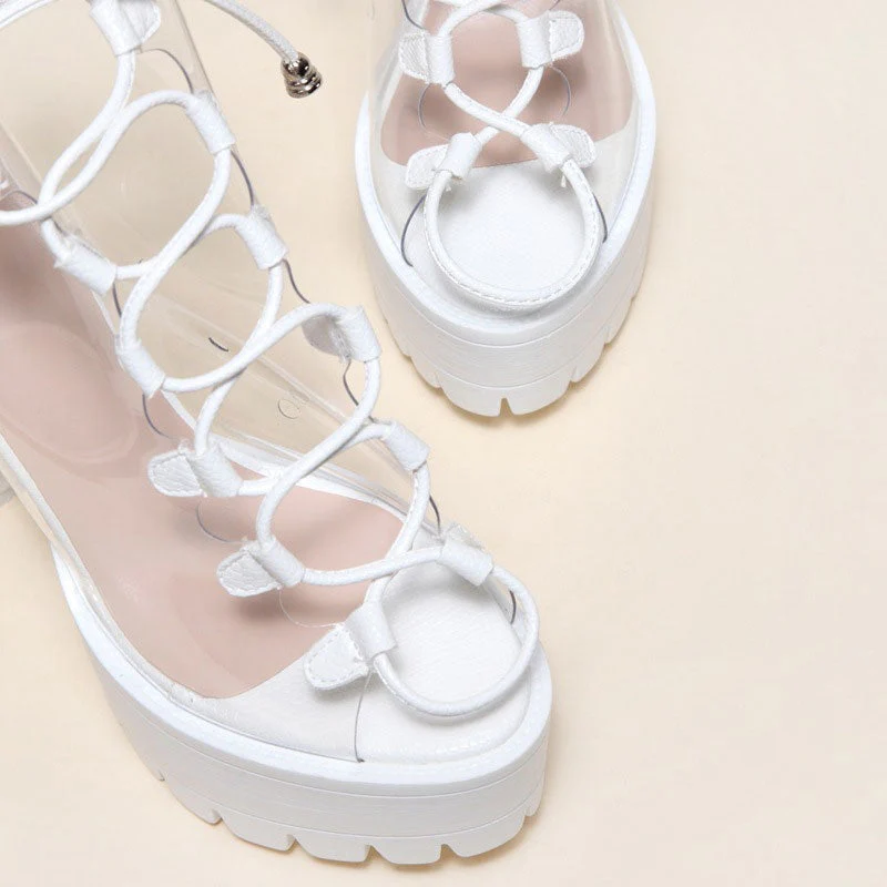 Chic PVC Lace Up Peep Toe Lug Sole Chunky High Heel Platform Boots - White - Image 3