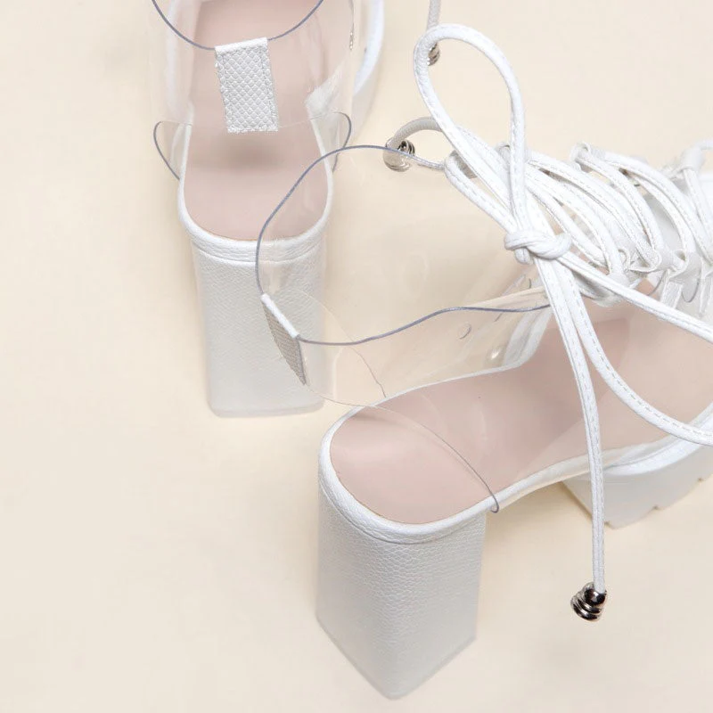 Chic PVC Lace Up Peep Toe Lug Sole Chunky High Heel Platform Boots - White - Image 4