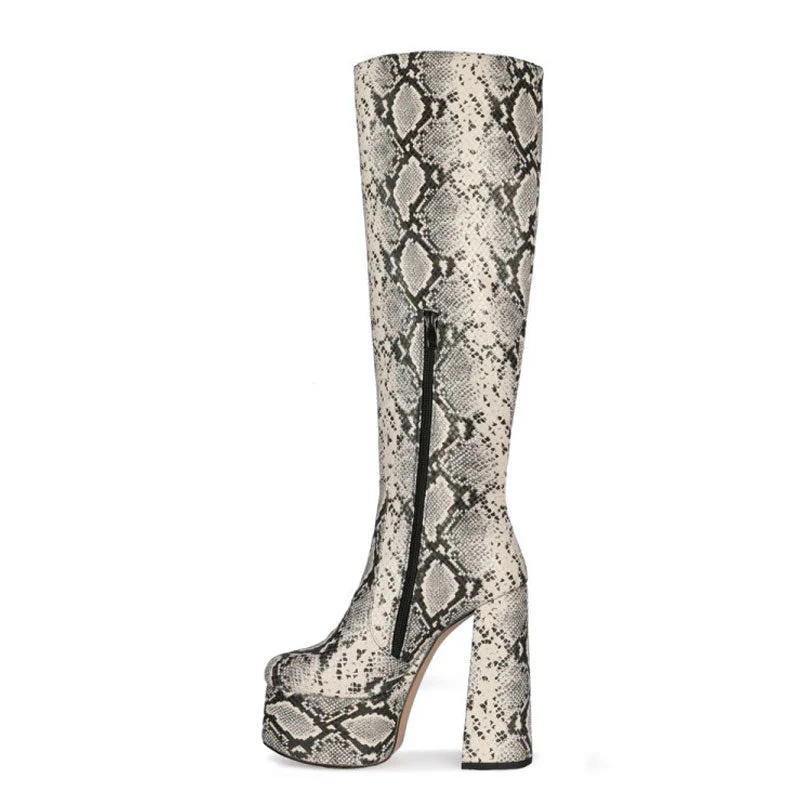 Chic Python Print Round Toe Knee High Platform Block Heel Boots - Snake - Image 2