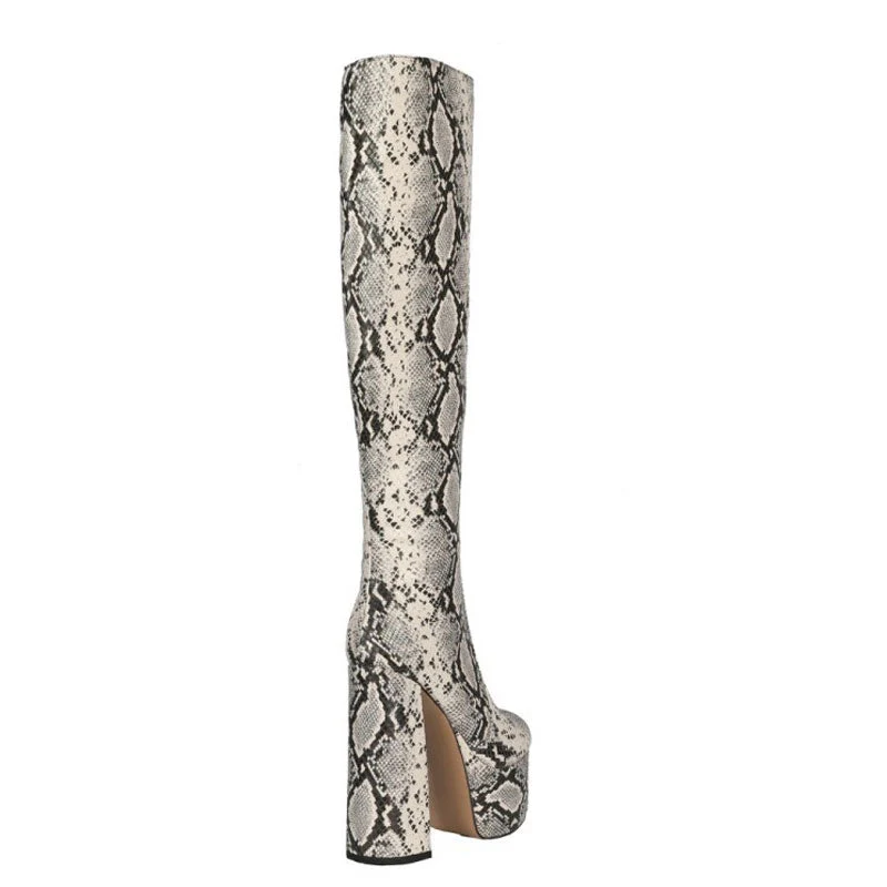 Chic Python Print Round Toe Knee High Platform Block Heel Boots - Snake - Image 3