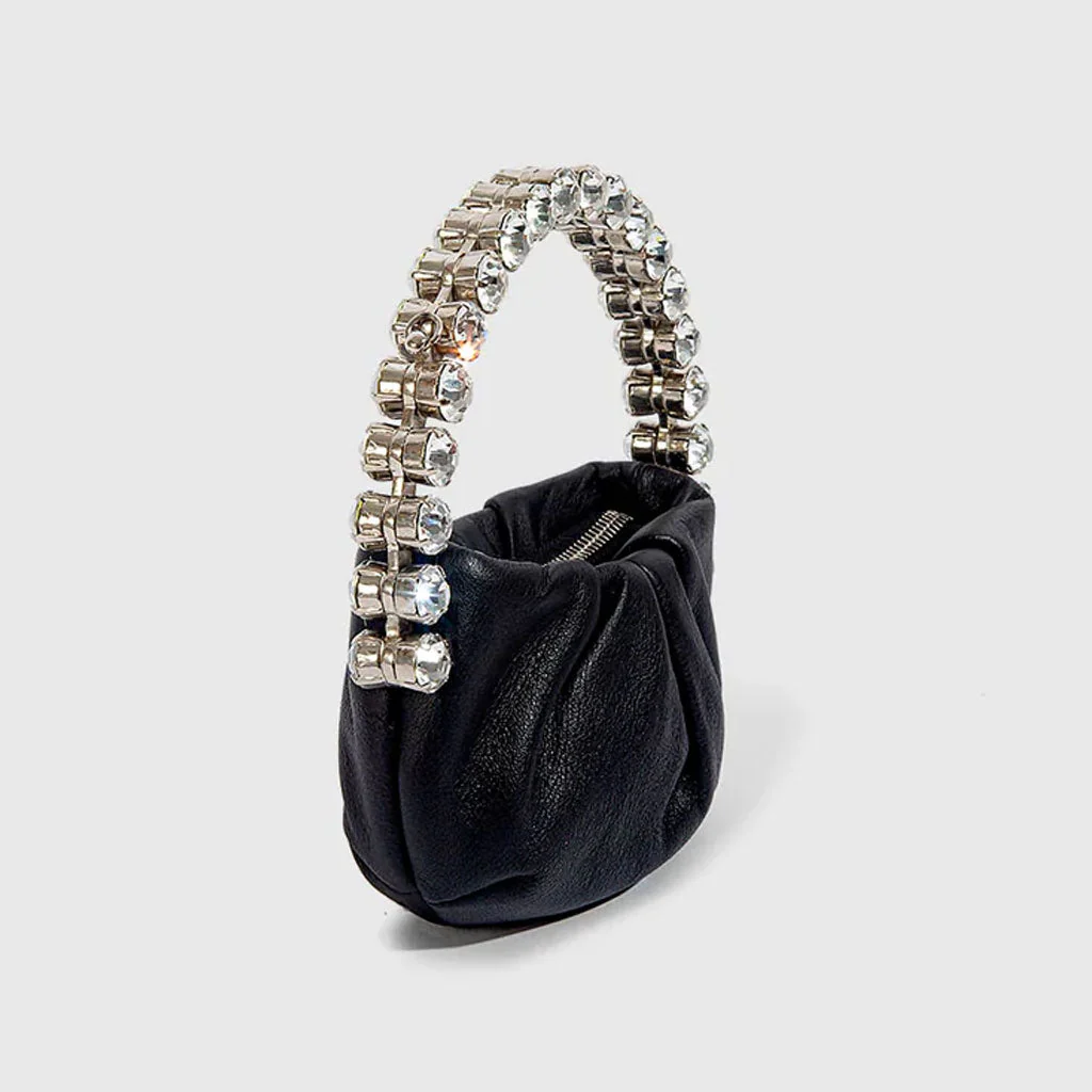 Chic Rhinestone Embellished Gathered Leather Semicircular Mini Clutch - Black - Image 2