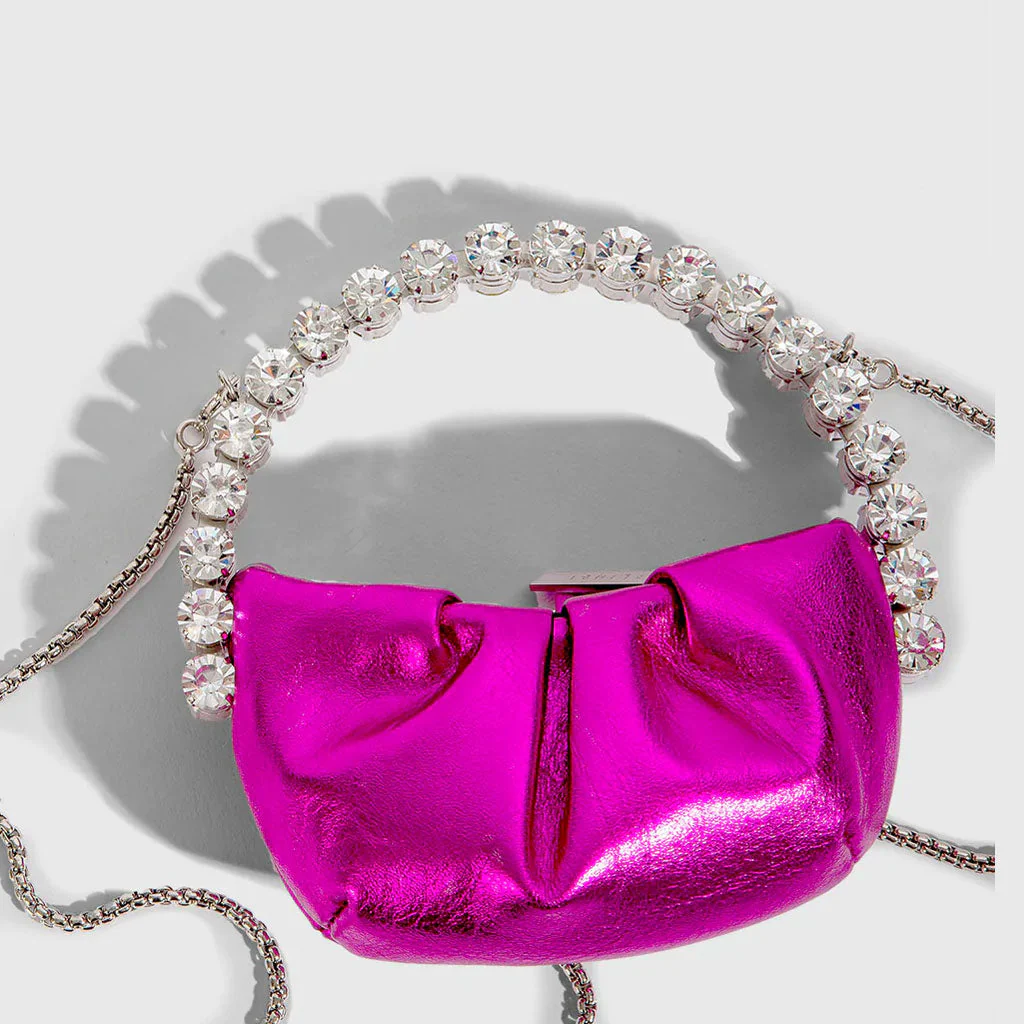 Chic Rhinestone Embellished Gathered Leather Semicircular Mini Clutch - Pink - Image 3