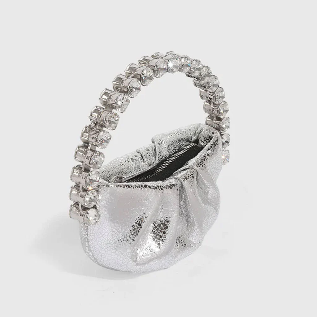 Chic Rhinestone Embellished Gathered Leather Semicircular Mini Clutch - Silver - Image 2