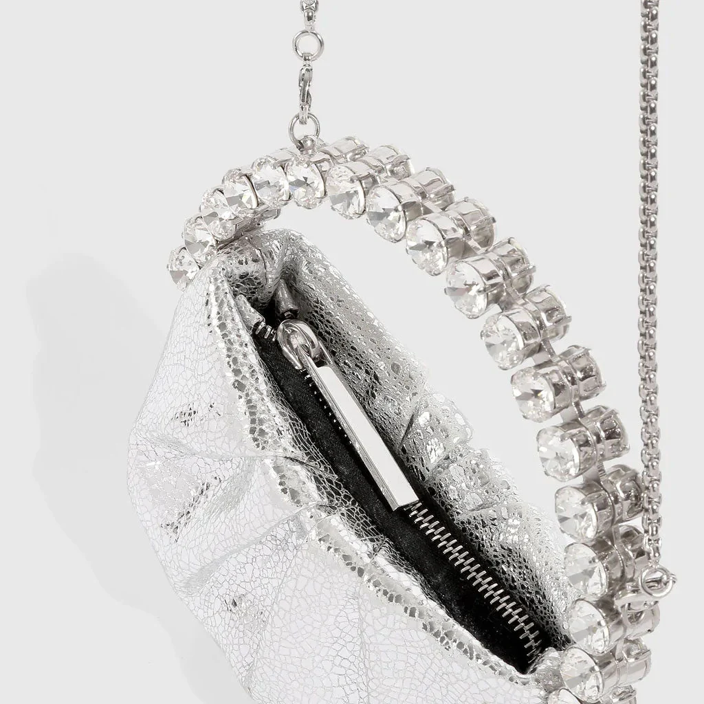 Chic Rhinestone Embellished Gathered Leather Semicircular Mini Clutch - Silver - Image 3