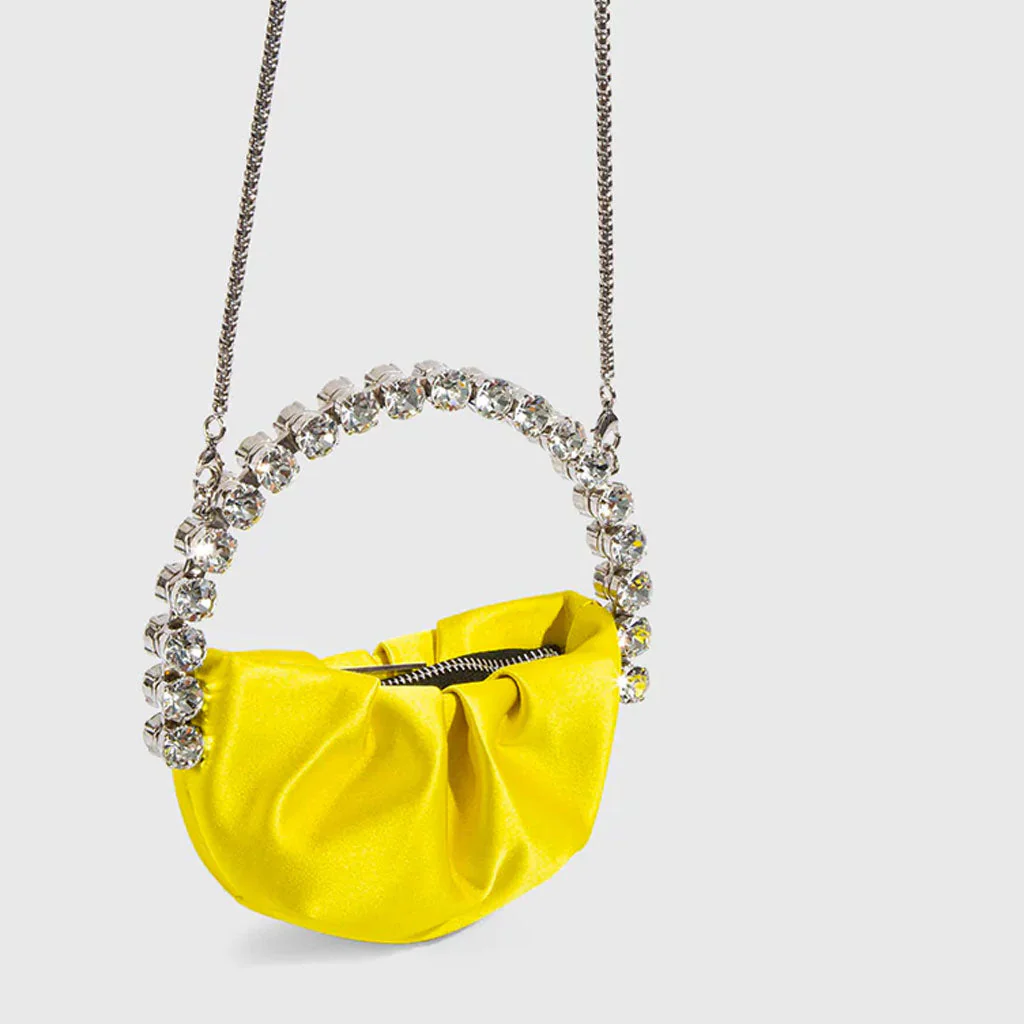 Chic Rhinestone Embellished Gathered Leather Semicircular Mini Clutch - YelLow - Image 3