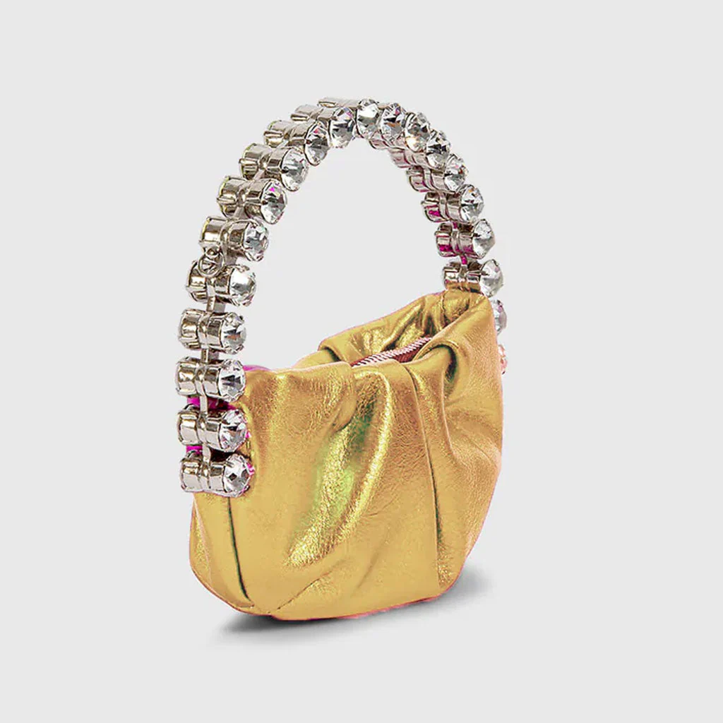 Chic Rhinestone Embellished Gathered Satin Semicircular Mini Clutch - Gold - Image 2
