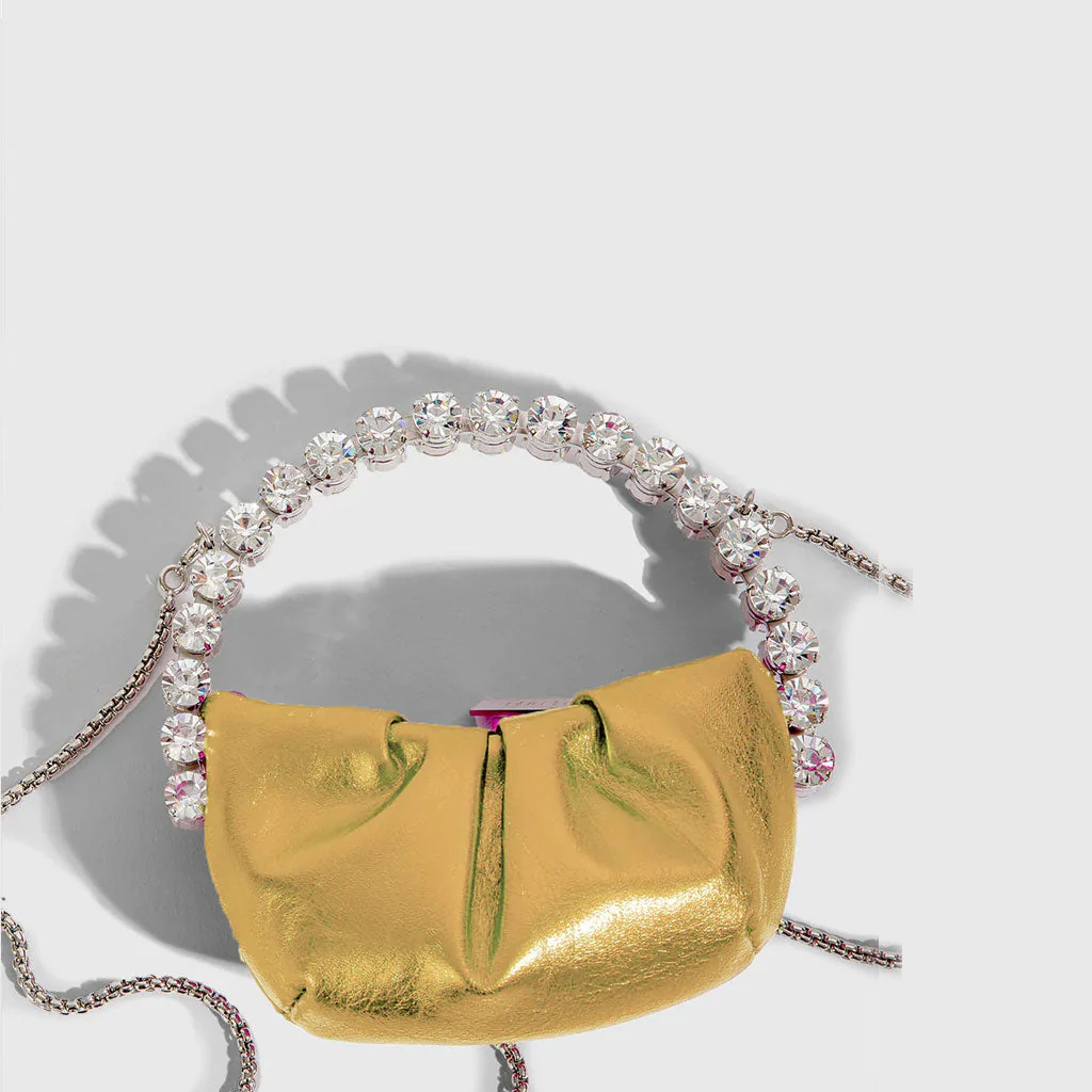 Chic Rhinestone Embellished Gathered Satin Semicircular Mini Clutch - Gold - Image 3