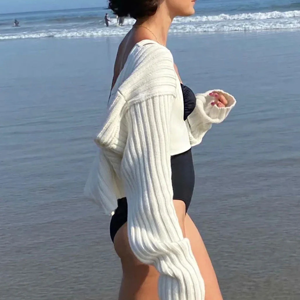 Chic Ribbed Knit Inside Out Long Sleeve Open Front Shrug Cardigan - Beige - Image 5