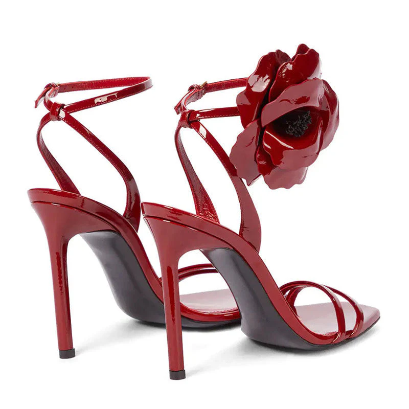 Chic Rose Petal Square Toe High Heel Strappy Sandals - Red - Image 2