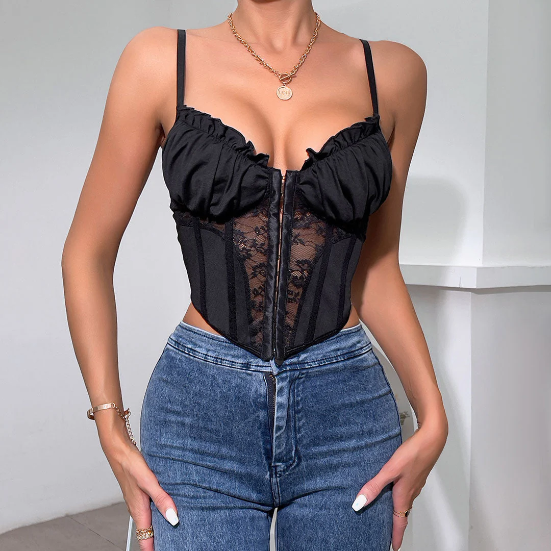 Chic Ruffled Sweetheart Hook and Eye Sheer Lace Crop Corset Top - Black - Image 2