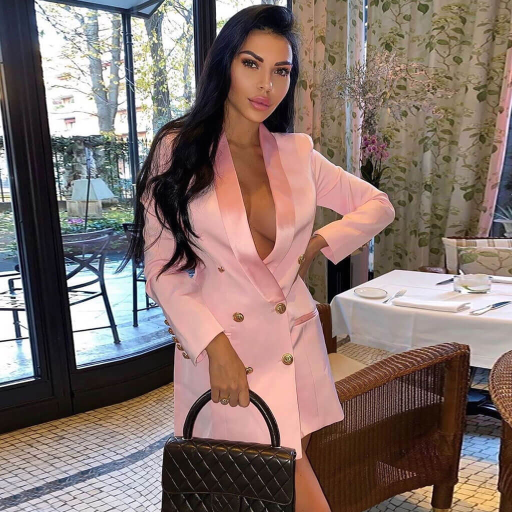 Chic Satin Collar Long Sleeve Double Breasted Mini Blazer Dress - Pink - Image 2