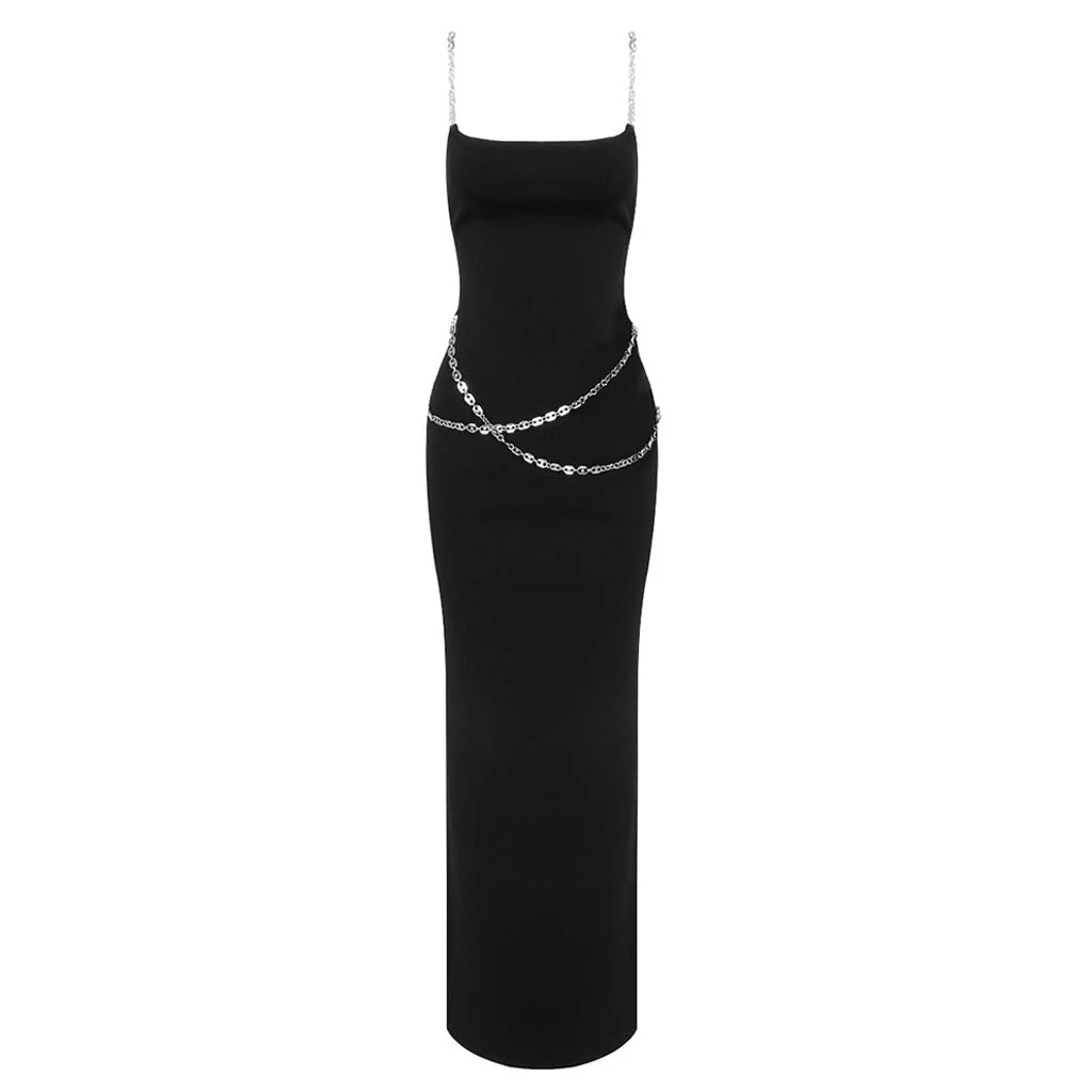 Chic Scoop Neck Chain Sleeveless Side Split Bandage Maxi Evening Dress - Image 3