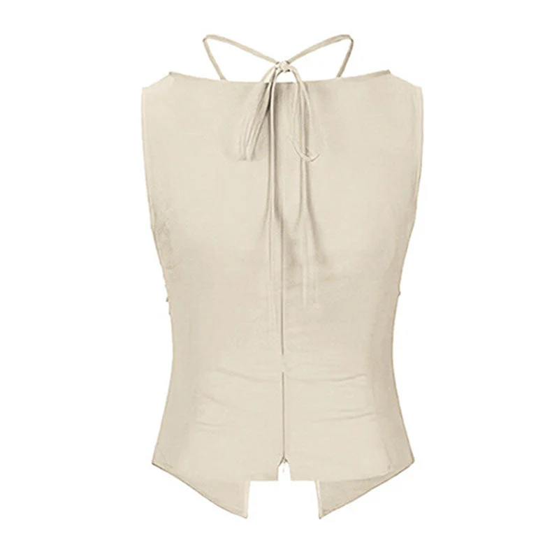 Chic Self Tie Drawstring Ruched Front Split V Neck Crop Tank Top - Image 3