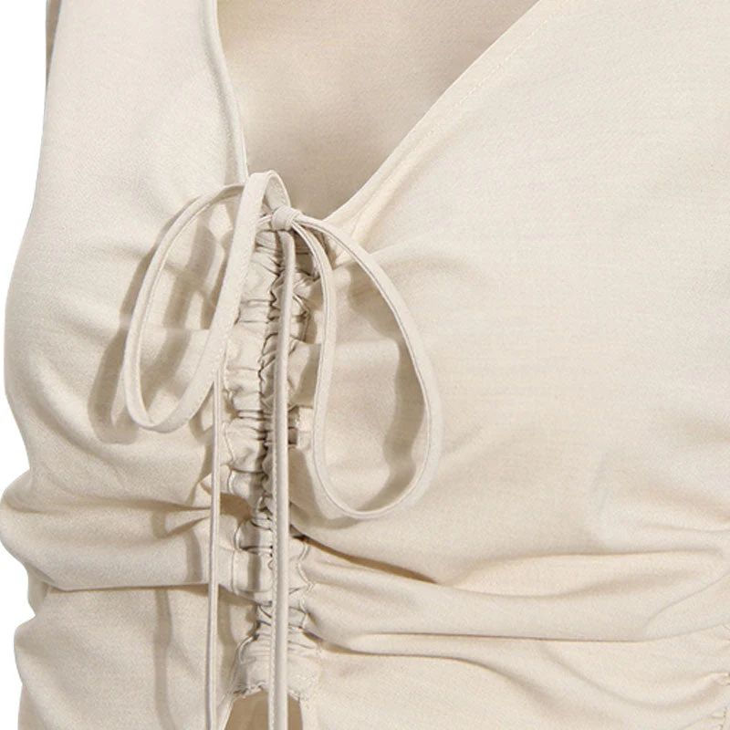 Chic Self Tie Drawstring Ruched Front Split V Neck Crop Tank Top - Image 6
