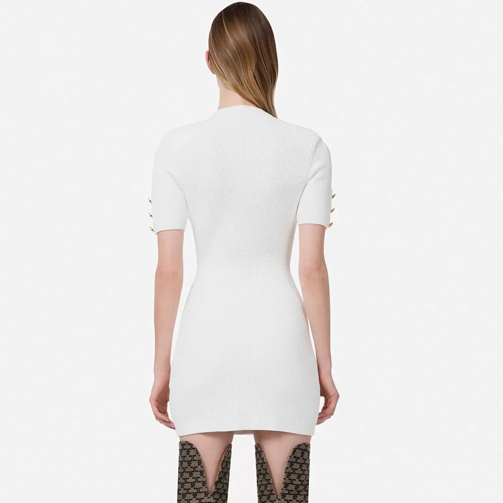 Chic Short Sleeve Double Breasted Buttoned Knit Mini Dress - White - Image 3