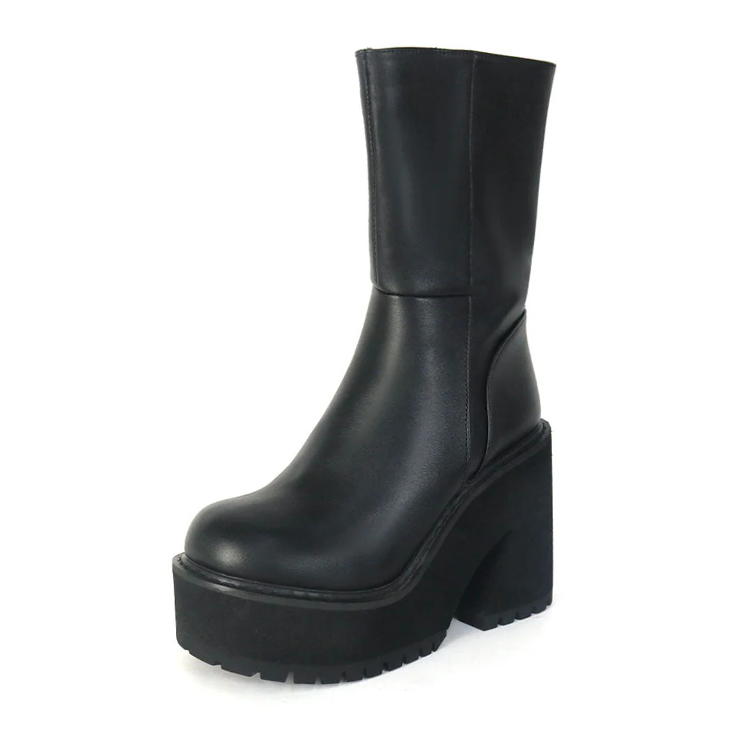 Chic Side Zipper Block Heel Platform Lug Sole Mid Calf Boots - Black - Image 4