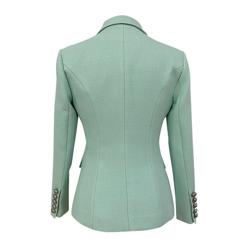 Chic Silver Button Detail Double Breasted Lapel Collar Tailored Linen Blazer - Image 2