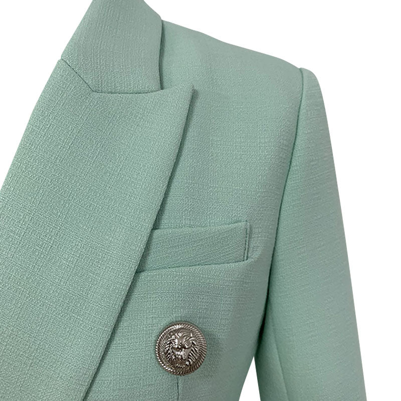 Chic Silver Button Detail Double Breasted Lapel Collar Tailored Linen Blazer - Image 3