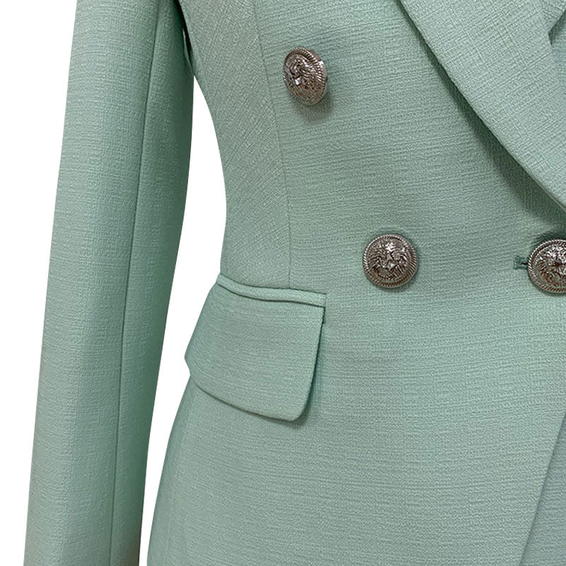 Chic Silver Button Detail Double Breasted Lapel Collar Tailored Linen Blazer - Image 4