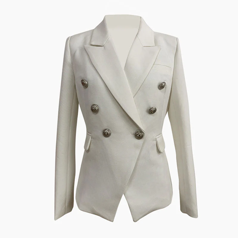 Chic Silver Button Detail Peak Lapel Double Breasted Tailored Blazer - Image 2
