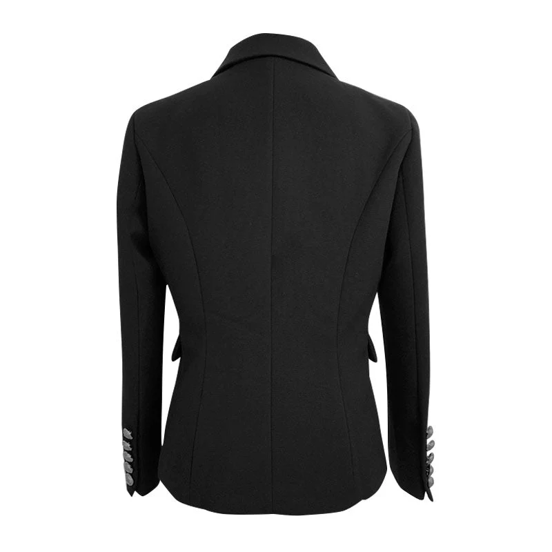 Chic Silver Button Detail Peak Lapel Double Breasted Tailored Blazer - Image 3
