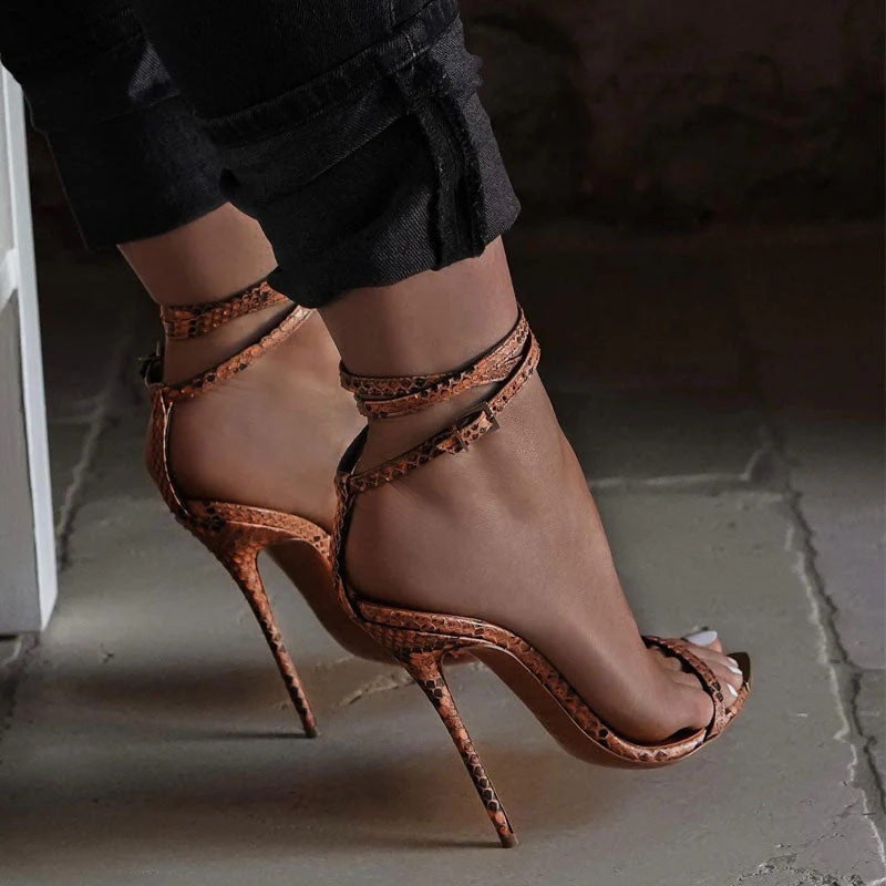 Chic Snakeskin Faux Leather Pointed Toe Ankle Wrap Stiletto Sandals - Orange - Image 2