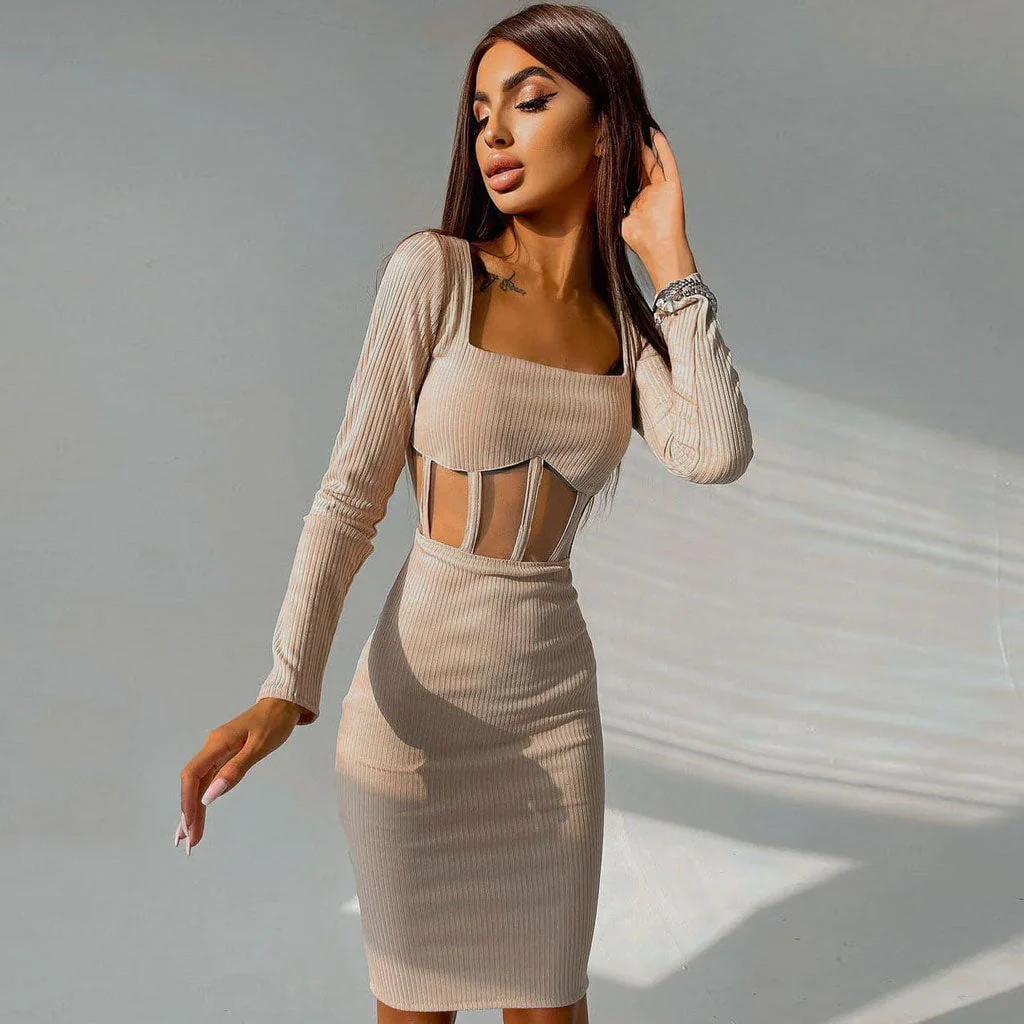 Chic Square Neck Long Sleeve Mesh Panel Rib Knit Midi Dress - Beige - Image 3