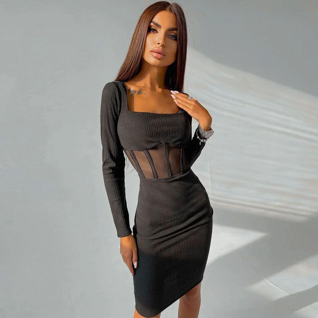 Chic Square Neck Long Sleeve Mesh Panel Rib Knit Midi Dress - Black - Image 2